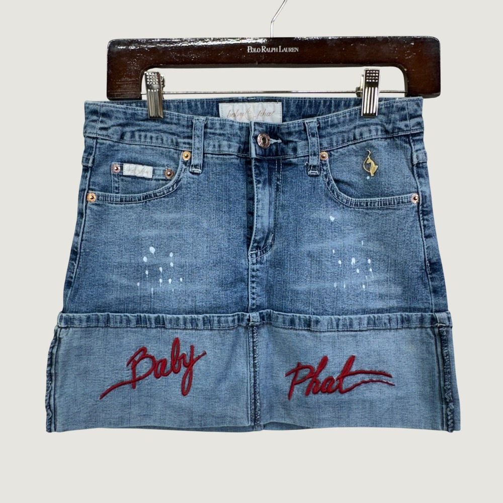 Baby Phat Denim Mini Skirt Size 3 Blue Y2K McBling Embroidered Streetwear